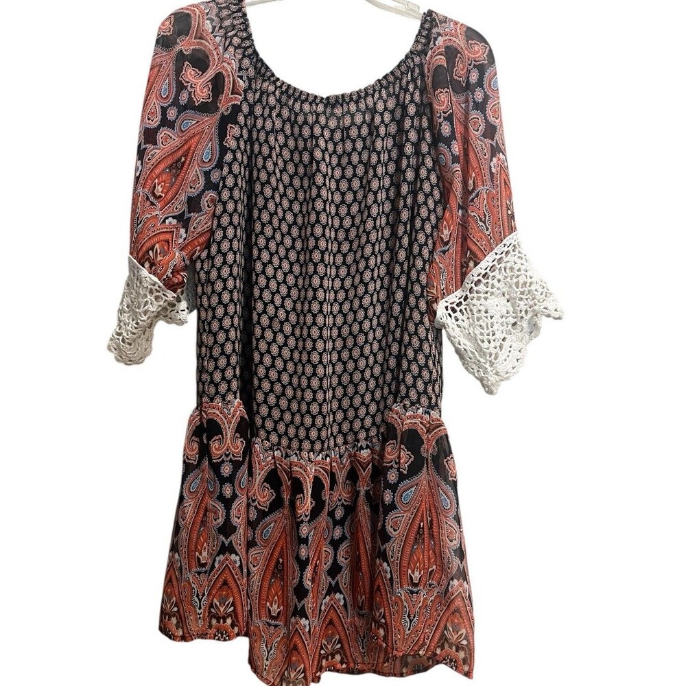 Umgee Boho Paisley Crochet Bell Sleeve Off Shoulder Tunic Mini Dress Orange M